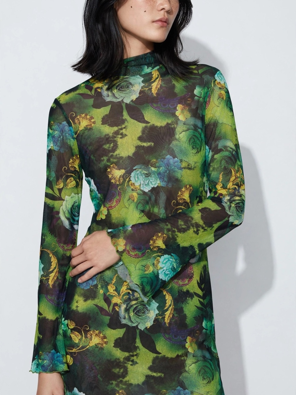 Amazon Green Floral Sheer Long-Sleeve High Neck Dress